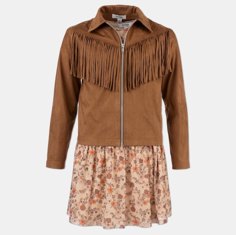 Speechless  Girls Long Sleeve Mesh Dress and Sueded Fringe Jacket - Image 1